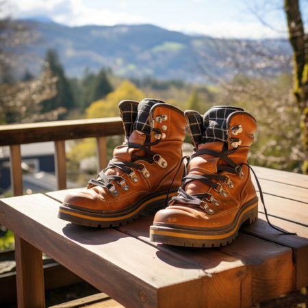 Pair of hiking boots on a wooden bench on the background of mountainsの素材