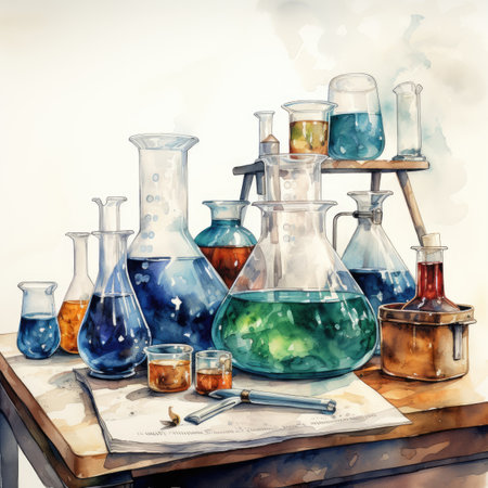 Watercolor Laboratory glassware with colored liquids on the table.の素材