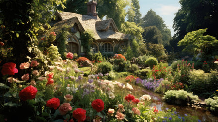 Beautiful summer garden with red roses and an old house in the backgroundの素材