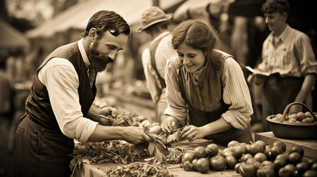 Portrait of a man and woman selling vegetables at a farmers marketの素材