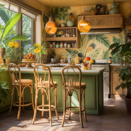 interior of a modern and bright kitchen with wooden furniture and plantsの素材