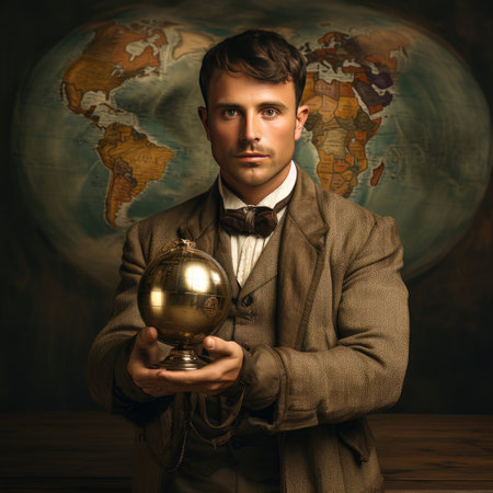 Portrait of a handsome young man in a suit and bow tie holding a globe.の素材