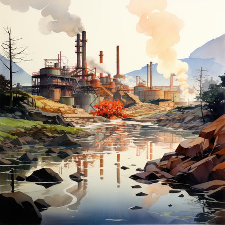 factory on the shore of the lake.の素材