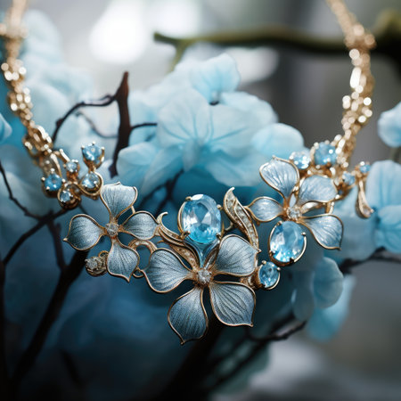 Jewelry with blue hydrangea flowers. Selective focus.の素材