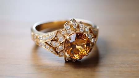Jewelry ring with diamonds on a wooden table.の素材