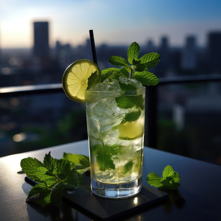 Mojito cocktail with lime and mint on the background of the cityの素材