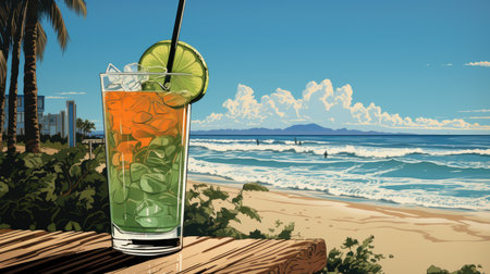 Cocktail on the beach with palm trees and sand.の素材