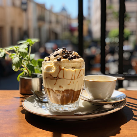 Dalgona coffee with whipped cream and chocolate in a glass cupの素材