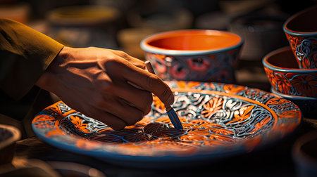 Closeup of a potter's hand working on a ceramic plateの素材