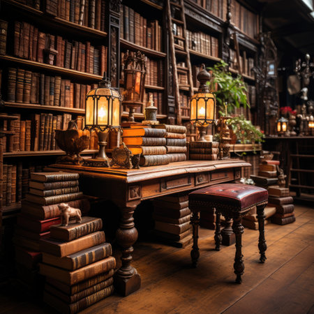 Vintage bookshelf in the library. Bookshelf with books and candlesの素材