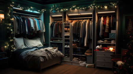 Interior of a bedroom decorated for Christmas and New Year holidays.の素材