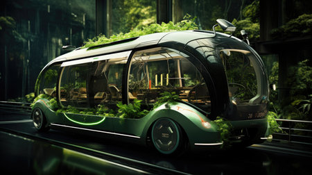 a green electric bus in a green garden.の素材