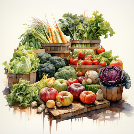 Composition with assorted raw organic vegetables on a wooden table.の素材