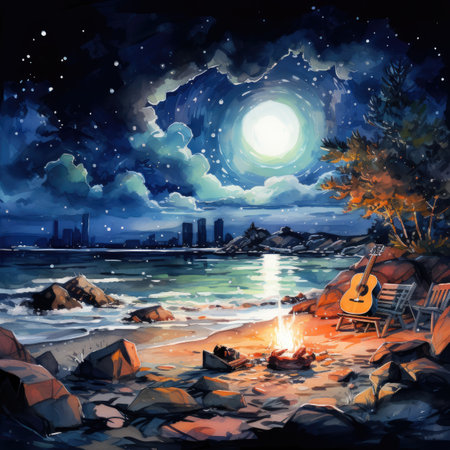 Beautiful night seascape with a bonfire on the beach.の素材