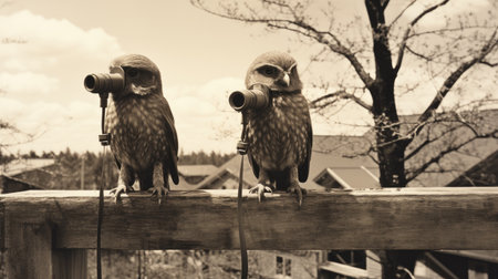 Two owls with binoculars sitting on a wooden fence.の素材