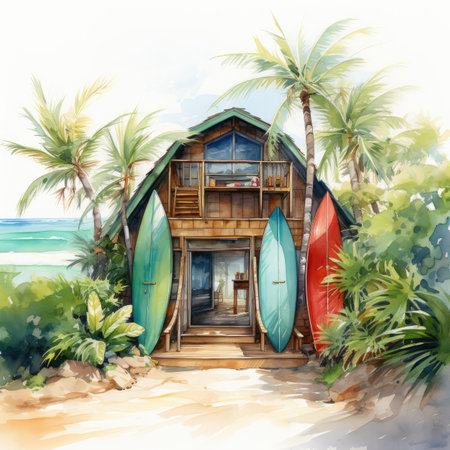 Illustration of a wooden house with surfboards on the beach.の素材
