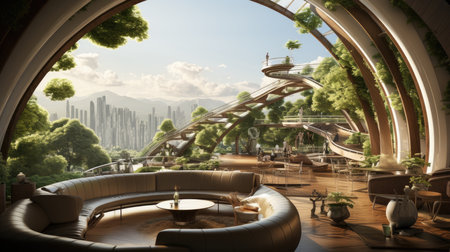 a modern coffee shop in Hong Kong with mountains in the backgroundの素材