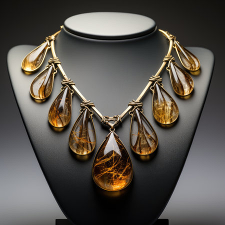 Necklace with amber pendants on black background.の素材