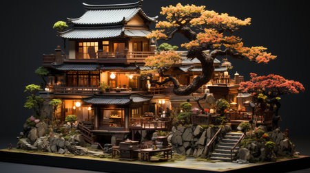 3D model of a Japanese house with a bonsai tree in the foregroundの素材