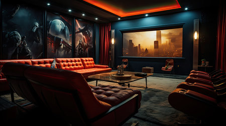 Interior of a hotel room with red leather sofas.の素材