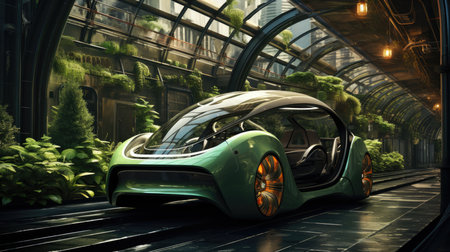a green electric car in a futuristic city environmentの素材