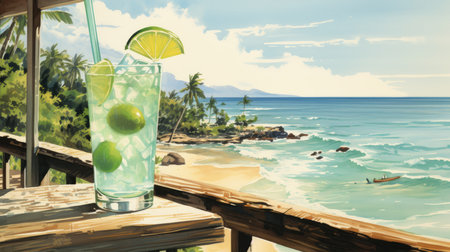 Cocktail with lime on the background of the sea and palm treesの素材