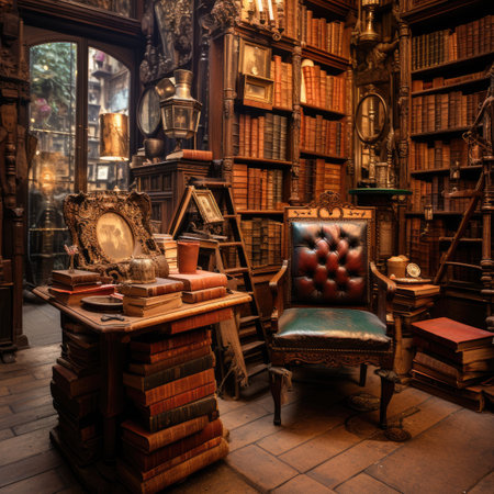 Interior of an old library with bookshelf and armchairの素材