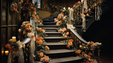 Wedding decoration with flowers and ribbons on the stairs.の素材