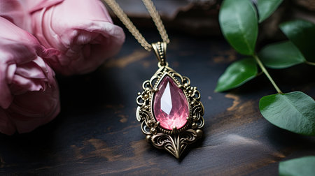 jewelry pendant with ruby on a dark wooden background.の素材
