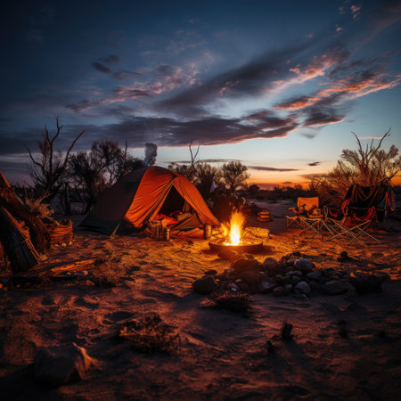 Camping on the beach at sunset in the Australian outback.の素材