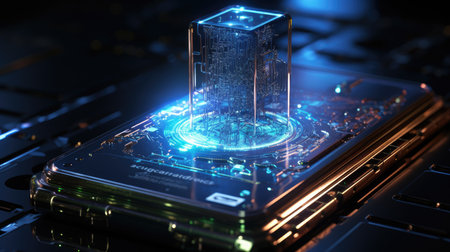 3d illustration of a smartphone with a hologram on the screenの素材