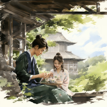 Digital painting of an asian couple reading a book in the gardenの素材
