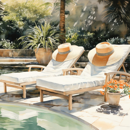 Swimming pool with sun loungers and hat in tropical gardenの素材