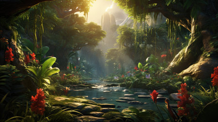Fantasy landscape with a river and tropical plants. 3d renderの素材