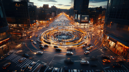 Aerial view of traffic on the road in the city at nightの素材