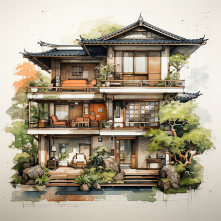 Watercolor painting of japanese traditional style house in vintage style.の素材