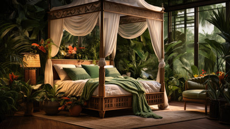 3D rendering of a cozy bedroom in a tropical house with plantsの素材