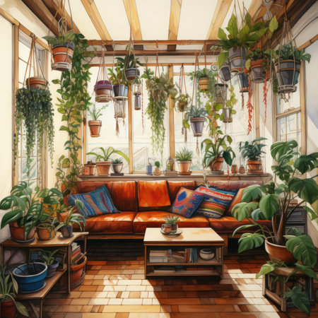Interior of the living room with plants, sofa and coffee tableの素材