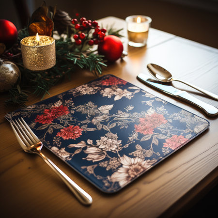 Table setting for christmas dinner on wooden table, selective focus.の素材
