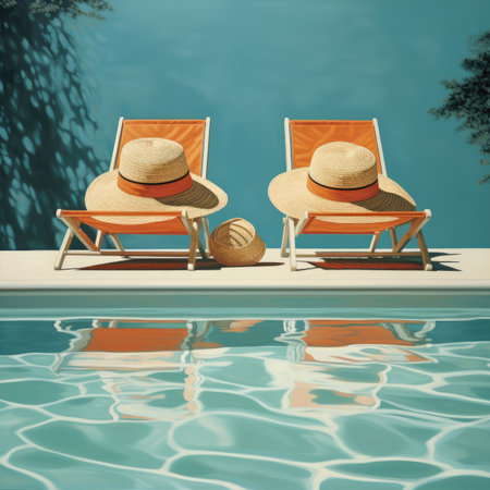 Swimming pool with sun loungers and coconut on blue backgroundの素材