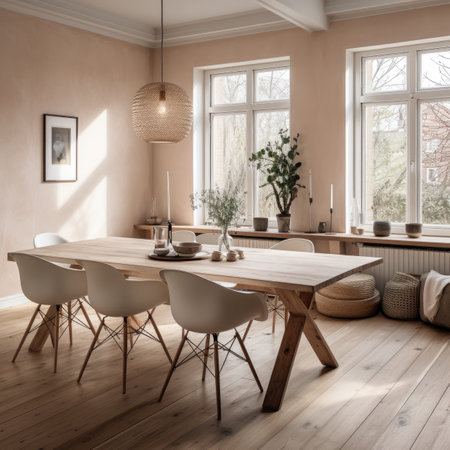 Interior of a modern dining room with beige walls and wooden floorの素材