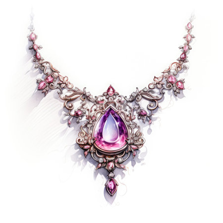 Illustration of a necklace with a precious stone on a white backgroundの素材