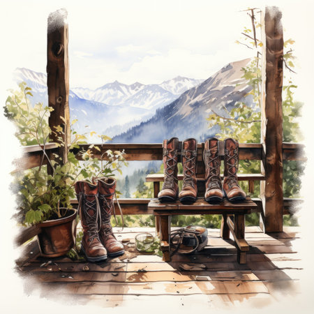 Watercolor painting of boots on a wooden terrace in the mountainsの素材