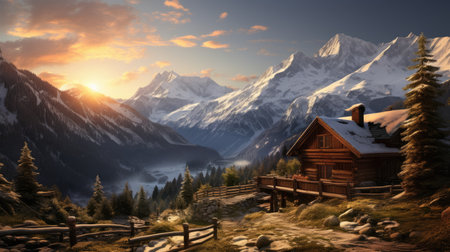 Mountain landscape with wooden house and snow-capped peaks.の素材