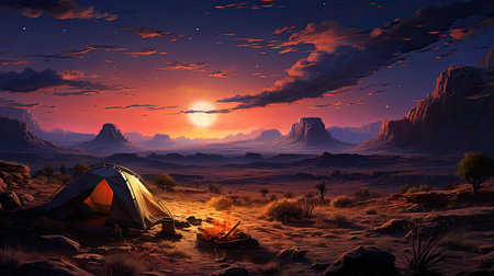 Tent camping in the desert at sunset. 3D rendering.の素材