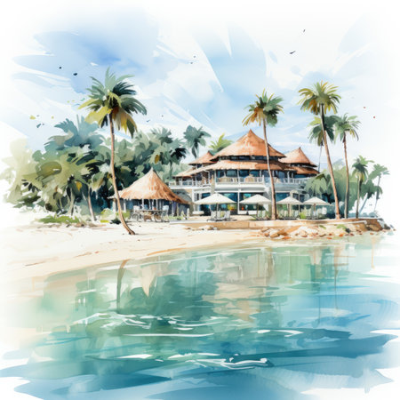 tropical beach with palm trees and bungalows, watercolor illustrationの素材
