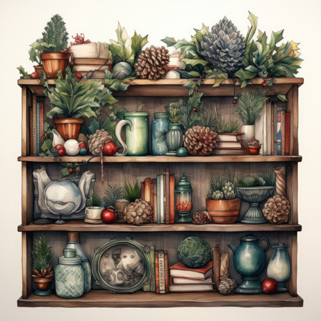Vintage bookshelf with different plants and decorations. Vector illustration.の素材