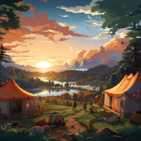 Camping on the shore of the lake at sunset. Vector illustrationの素材
