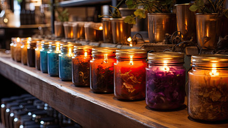 Candles on a shelf in the interior of a restaurant. Shallow depth of field.の素材