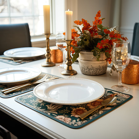 Table setting with plates and cutlery in modern dining room.の素材